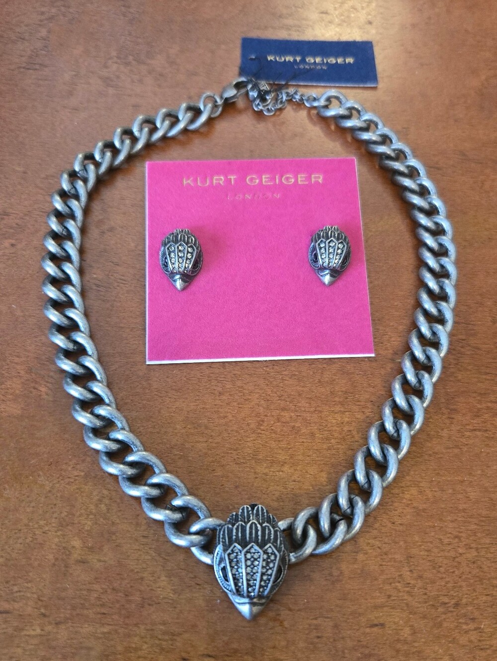 NEW Kurt Geiger Silver Chain Necklace & Stud Earring Set